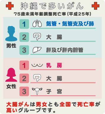 沖縄で多いがん 75歳未満年齢調整死亡率(平成25年) 男性 1 気管・気管支及び肺 2 大腸 3 肝及び肝内胆管　女性 1 乳房 2 大腸 3 子宮 大腸がんは男女とも全国で死亡率が高いグループです。